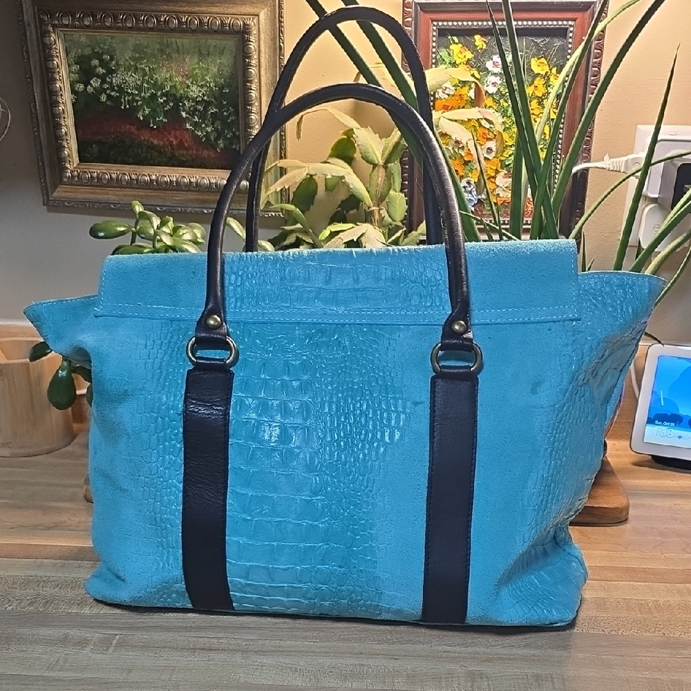 Turquoise Itailan Croc Embossed Suede Handbag with Scarf Accent - Picture 2 of 13